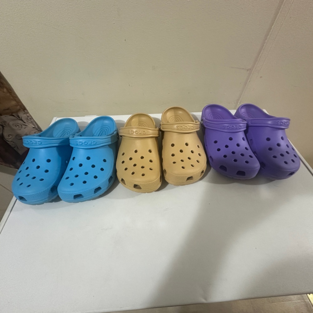 Crocs Vibrant Blue, Tan, and Purple